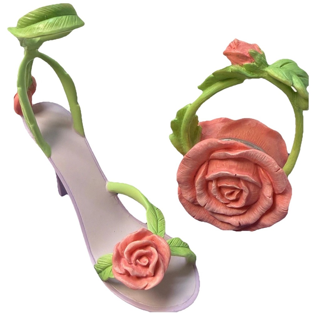 Vintage Miniature Floral Shoe and Purse Set Lavender Pink Rose Garden Decor